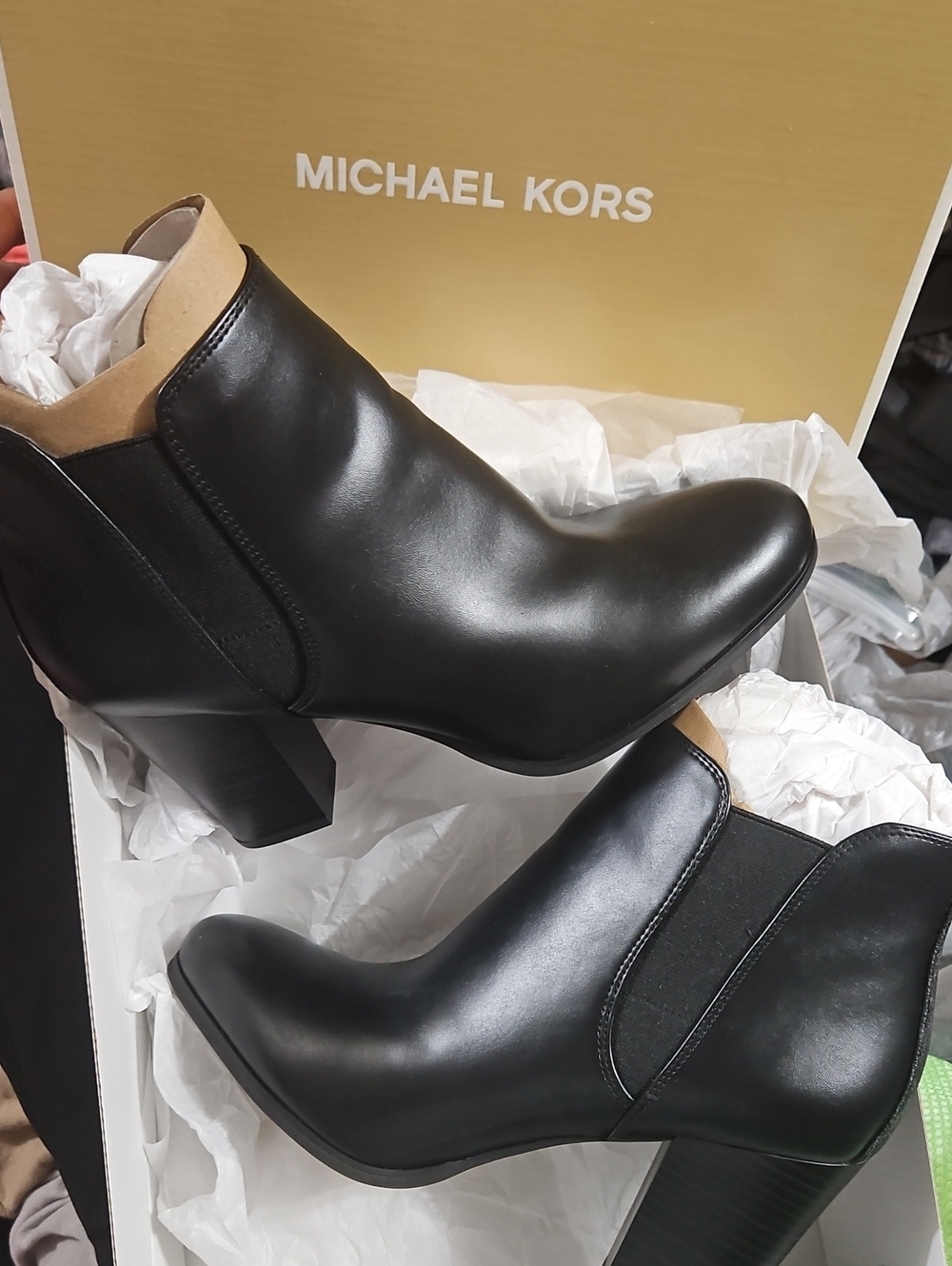 Michael Kors Black Leather Ankle Booties with Tan Collar